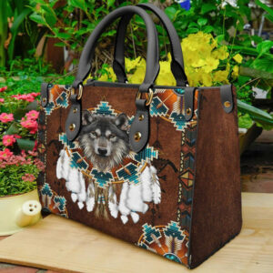 blue mandala feather wolf native leather bag