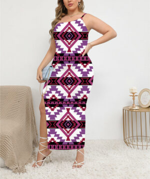 dss0005 pattern native oblique shoulder exposure dress with side split