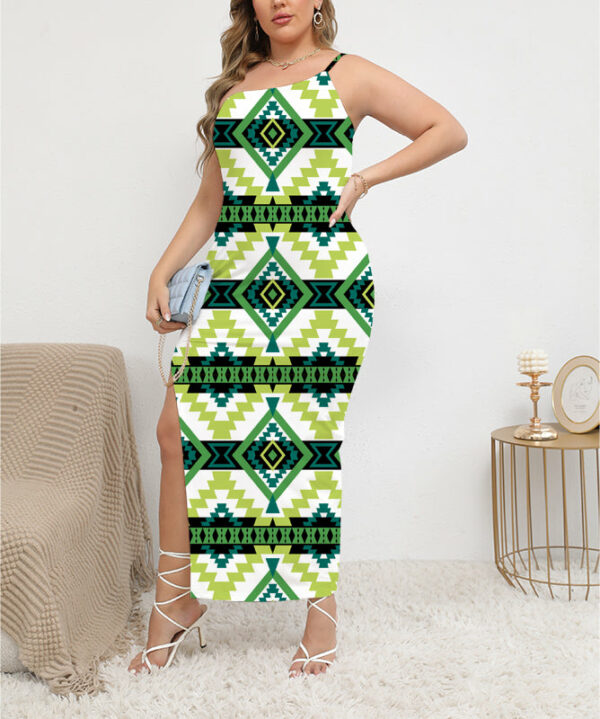 dss0006 pattern native oblique shoulder exposure dress with side split