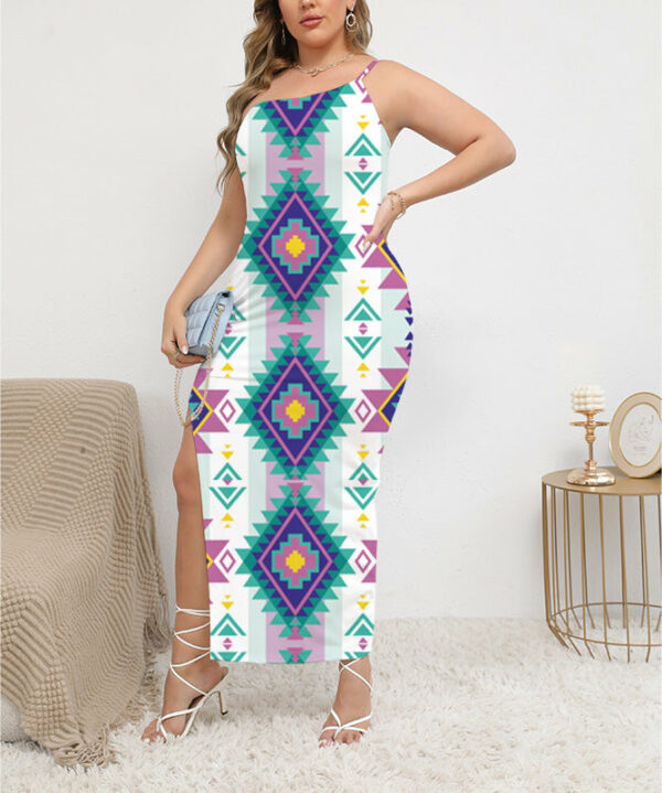 dss0007 pattern native oblique shoulder exposure dress with side split