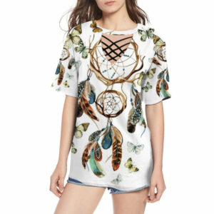 feathers dream catcher round neck hollow out tshirt 1