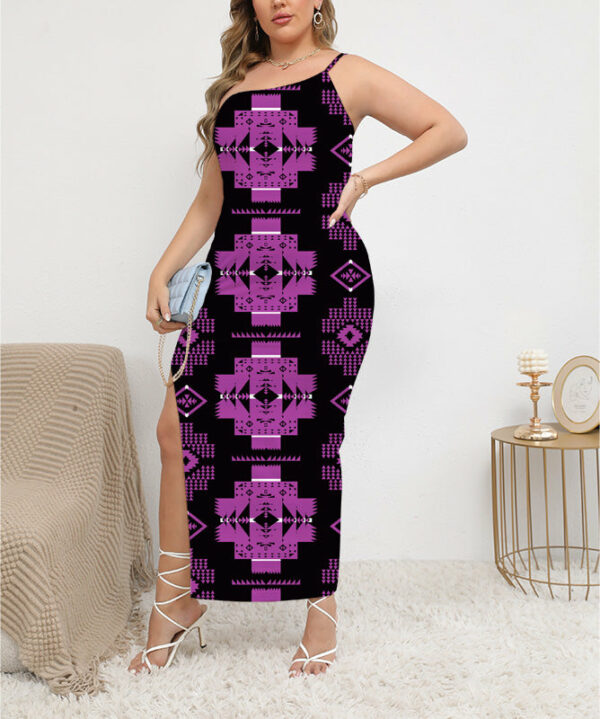 gb hw00077 pattern native oblique shoulder exposure dress with side split