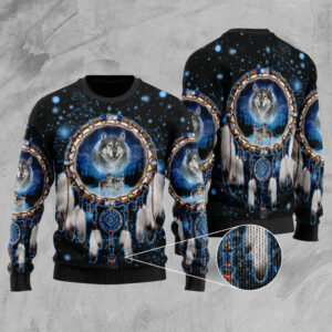 gb nat00010 galaxy dreamcatcher wolf 3d native american sweater