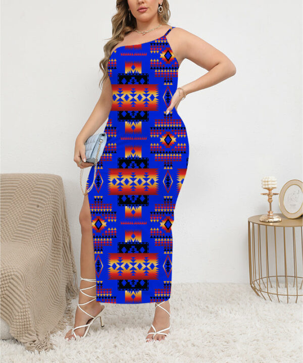 gb nat00046 06 dark blue native pattern oblique shoulder exposure dress with