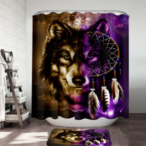 gb nat0005 dreamcatcher purple wolf native american shower curtain mat set