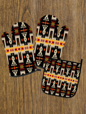 gb nat00062 01 black tribe design native american oven mitts and potholder set 1
