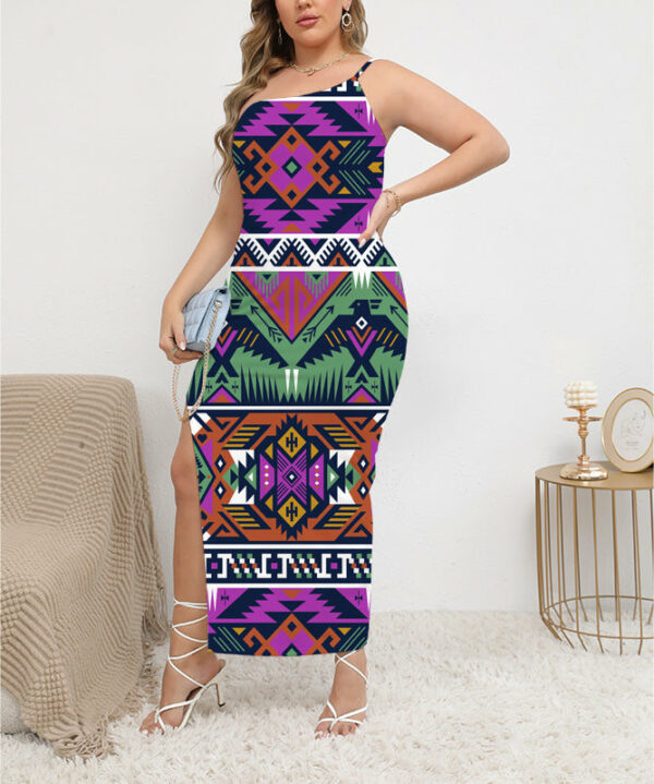 gb nat00071 02 pattern native oblique shoulder exposure dress with side split