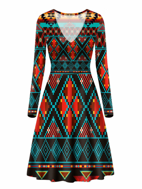 gb nat00112 dark brown red pattern native american v long sleeve dress