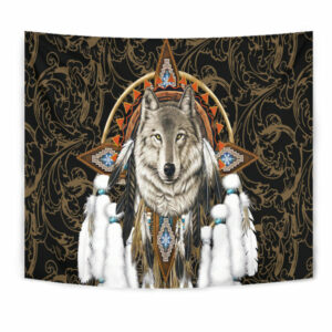 gb nat00210 wolf dreamcatcher feather native american tapestry 1