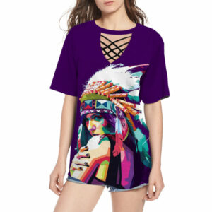 gb nat00483 girl with feather headdress round neck hollow out tshirt 1