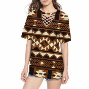gb nat00508 brown pattern native round neck hollow out tshirt 1