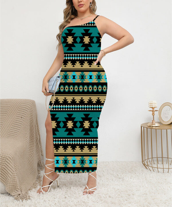 gb nat00509 pattern native oblique shoulder exposure dress with side split