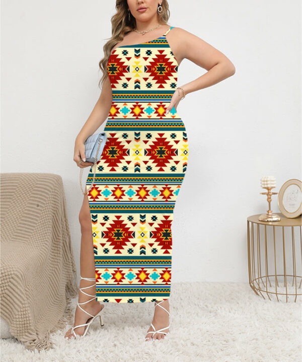 gb nat00512 pattern native oblique shoulder exposure dress with side split