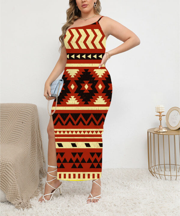 gb nat00521 pattern native oblique shoulder exposure dress with side split