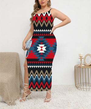 gb nat00529 ornamental pattern oblique shoulder exposure dress with side split