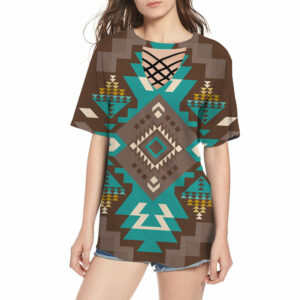 gb nat00538 blue pattern brown round neck hollow out tshirt
