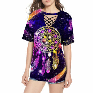 gb nat00546 purple yellow dream catcher round neck hollow out tshirt 1