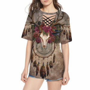 gb nat00563 skull bison with rose round neck hollow out tshirt 1