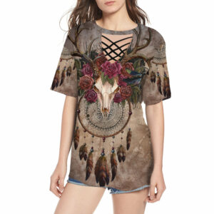 gb nat00563 skull bison with rose round neck hollow out tshirt