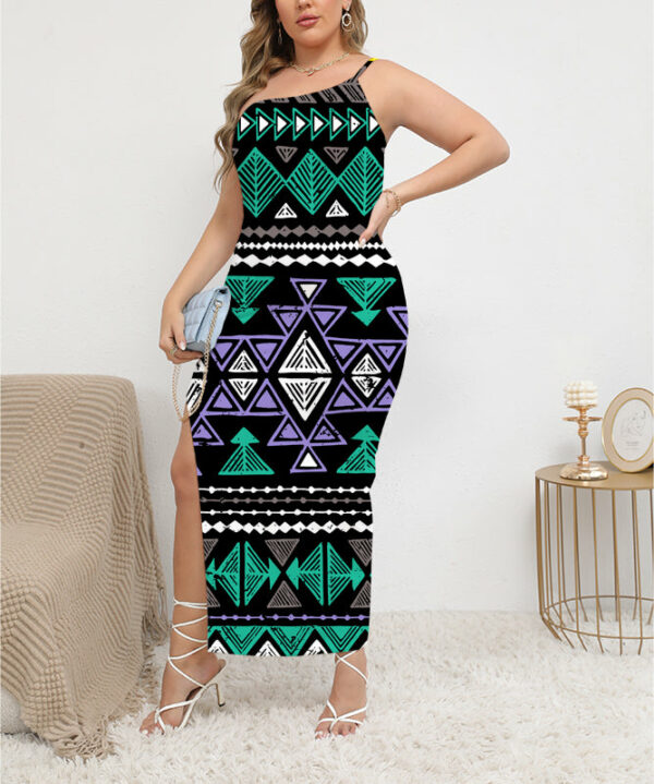 gb nat00578 neon color tribal oblique shoulder exposure dress with side split