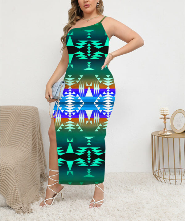 gb nat00654 pattern native oblique shoulder exposure dress with side split