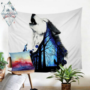howling wolf forest art print tapestry 1