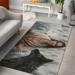 man and wolf native american area rug 1