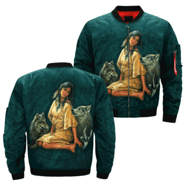 native american girl and her wolves bomber jacket jknative 0040