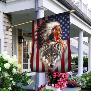 native american with wolf flag mlh1985f