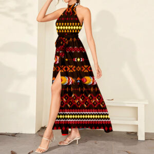 pattern feather red dress maxi ligation