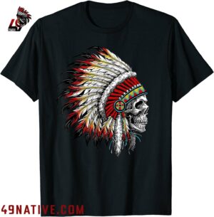 Native American Indian Chief Skull Motorcycle Headdress T Shirt