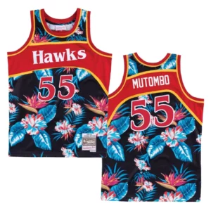 Hawks #55 Dikembe Mutombo Floral Fashion Jersey - Black - 49Native