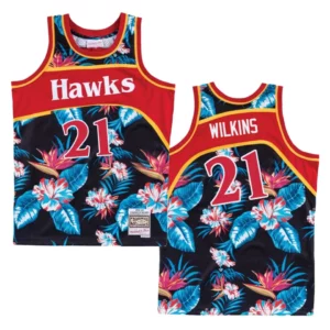 Hawks #21 Dominique Wilkins Floral Fashion Jersey - Black - 49Native
