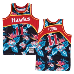 Hawks #11 Trae Young Floral Fashion Jersey - Black - 49Native