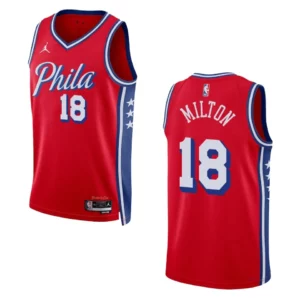 76ers 2022-23 Statement Edition Shake Milton Red Jersey Swingman - 49Native