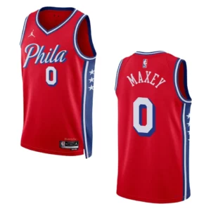 76ers 2022-23 Statement Edition Tyrese Maxey Red Jersey Swingman - 49Native