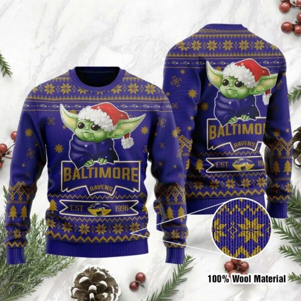 Baby Yoda Baltimore Ravens Est 1966 Ugly Christmas Sweater