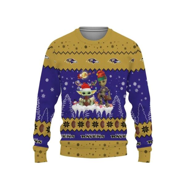 Baby Yoda Groot Cute Baltimore Ravens Ugly Christmas Sweater