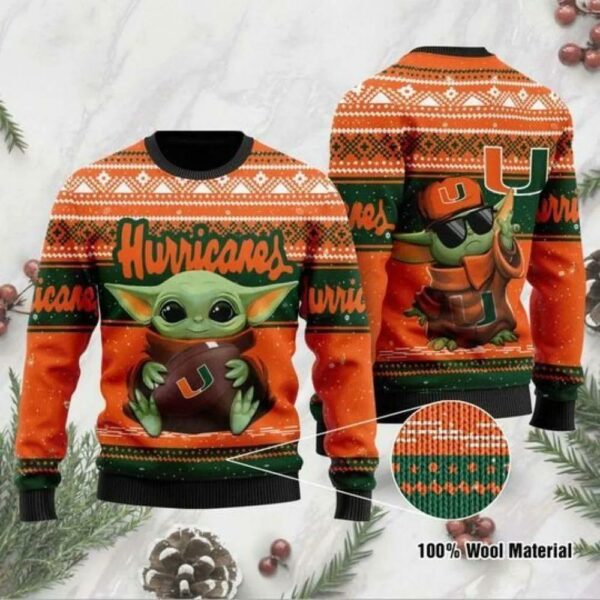 Baby Yoda Miami Hurricanes Football Ugly Christmas Sweater