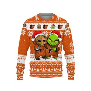 Baltimore Orioles Baby Groot And Grinch Best Friends Ugly Christmas Sweater