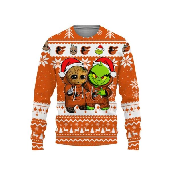 Baltimore Orioles Baby Groot And Grinch Best Friends Ugly Christmas Sweater