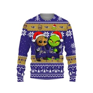 Baltimore Ravens Baby Groot And Grinch Best Friends Ugly Christmas Sweater