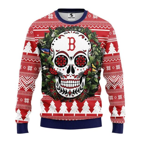 Boston Red Sox Skull Flower Ugly Christmas Sweater