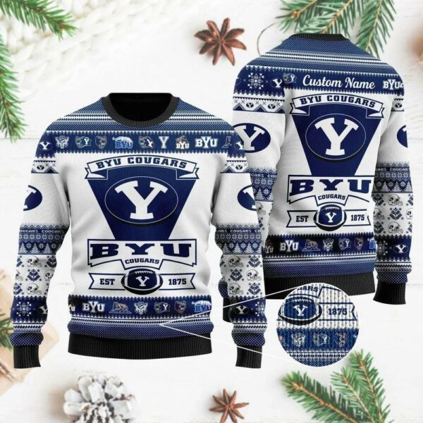 Byu Cougars Football Team Logo Custom Name Ugly Christmas Sweater