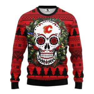 Calgary Flames Skull Flower Ugly Christmas Sweater