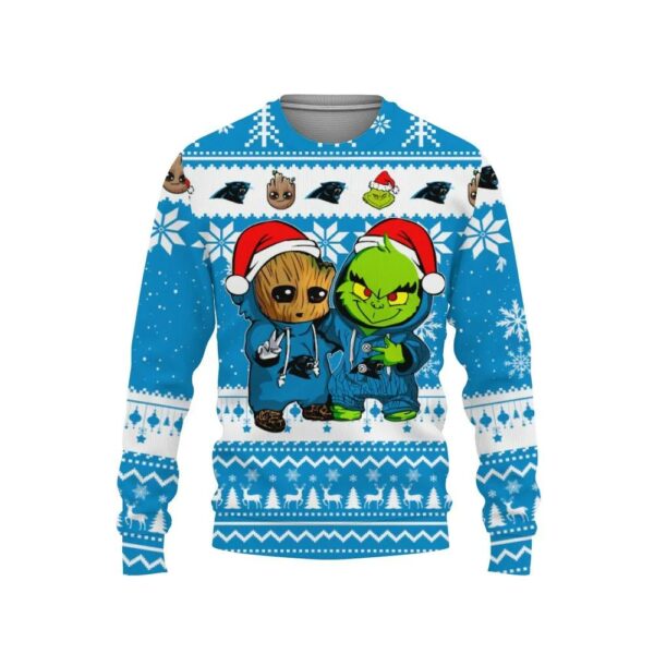 Carolina Panthers Baby Groot And Grinch Best Friends Ugly Christmas Sweater