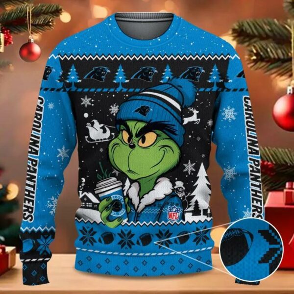 Carolina Panthers The Grinch Drink Coffee Ugly Christmas Sweater