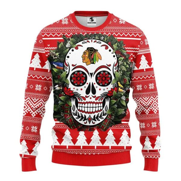 Chicago Blackhawks Skull Flower Ugly Christmas Sweater