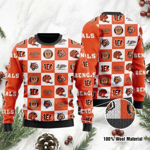 Cincinnati Bengals Logo Checkered Flannel Ugly Christmas Sweater