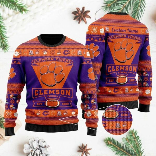 Clemson Tigers Est 1889 Custom Name Ugly Christmas Sweater